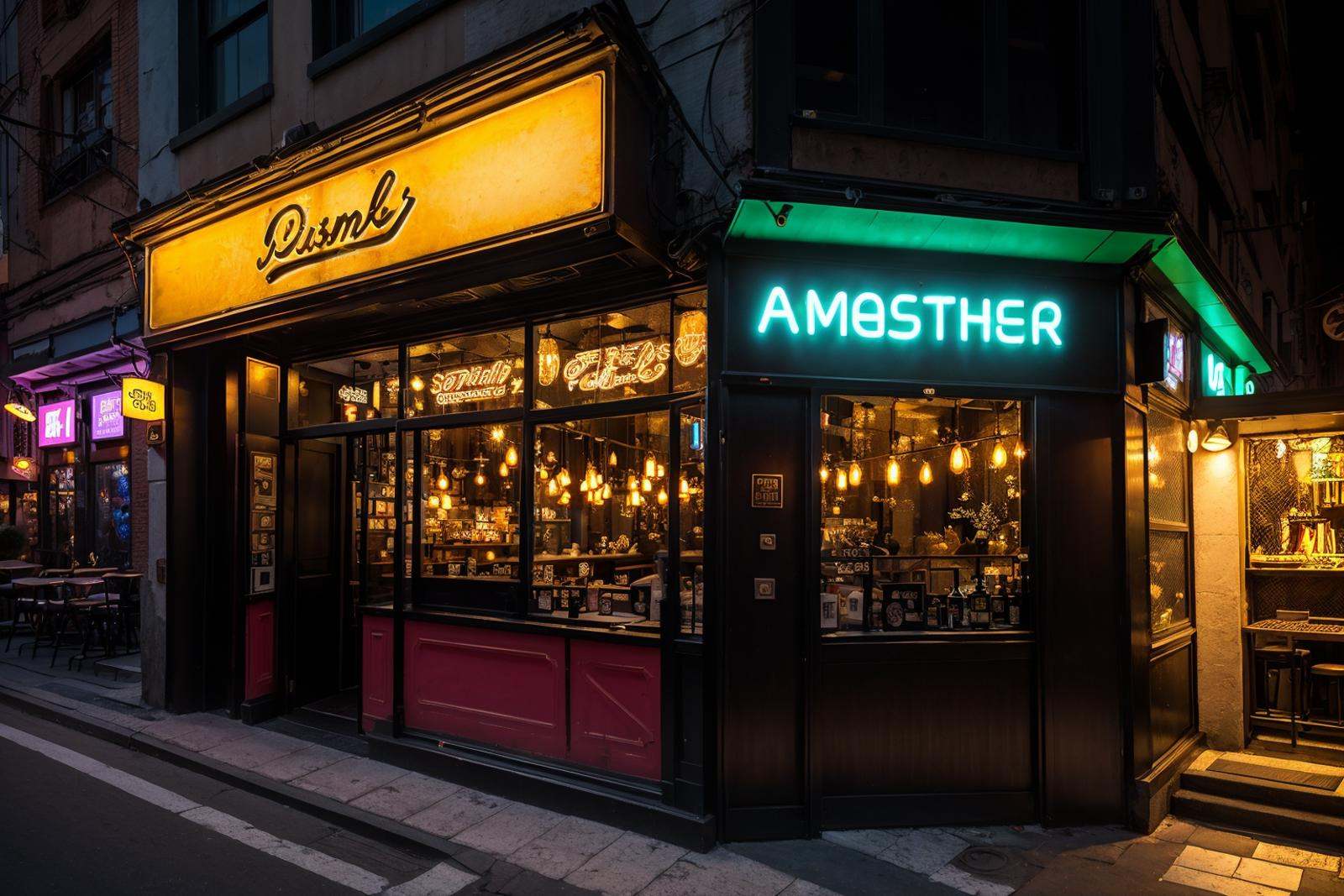 storefront,<lora:20240314-1710430939274-0006:0.6>,best qualtiy,masterpiece,night,lamppost,street,bar,neon lights,