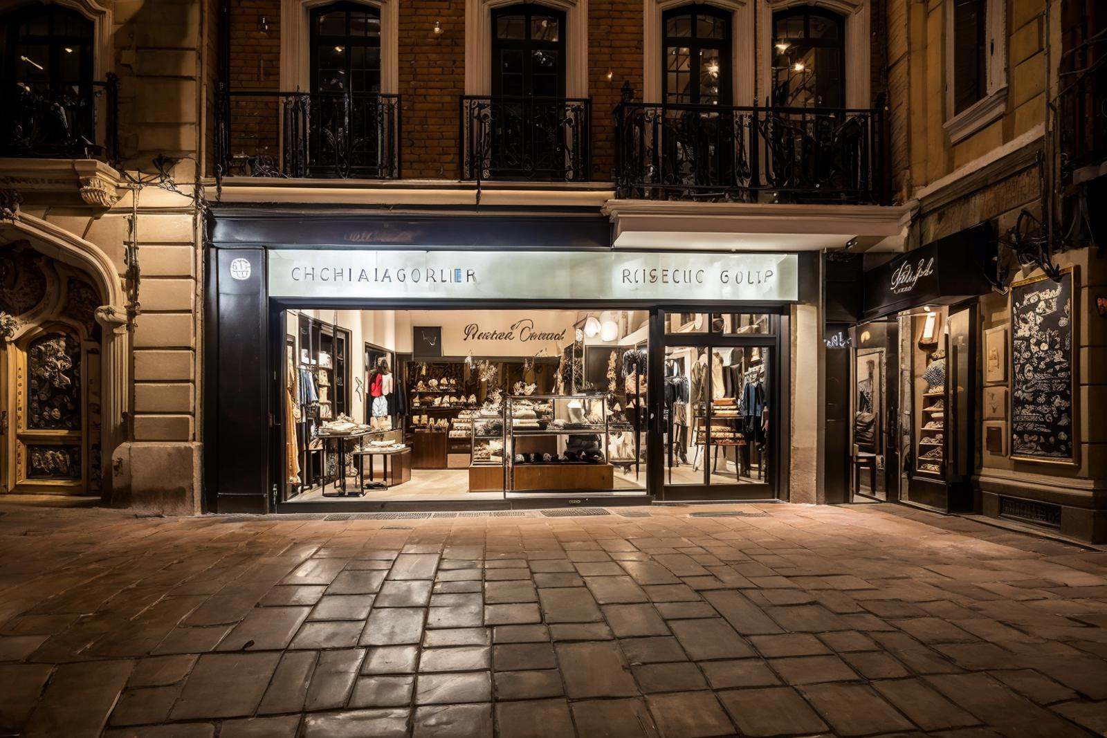 storefront,<lora:20240314-1710430939274-0006:0.8>,best qualtiy,masterpiece,clothing store,luxury goods,gorgeous decoration,street,french decoration,brick wall,advanced sense,fashion,