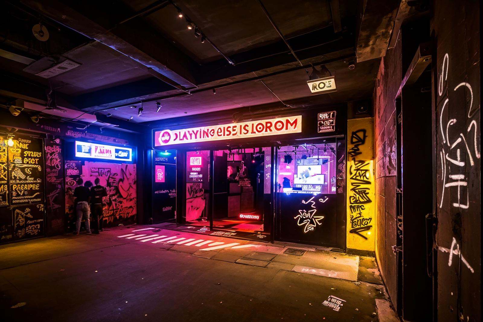 storefront,<lora:20240314-1710430939274-0006:0.6>,best qualtiy,masterpiece,night,neon lights,underground club,<lora:underground club:0.4>,club entrance,graffiti,brick wall,underground,