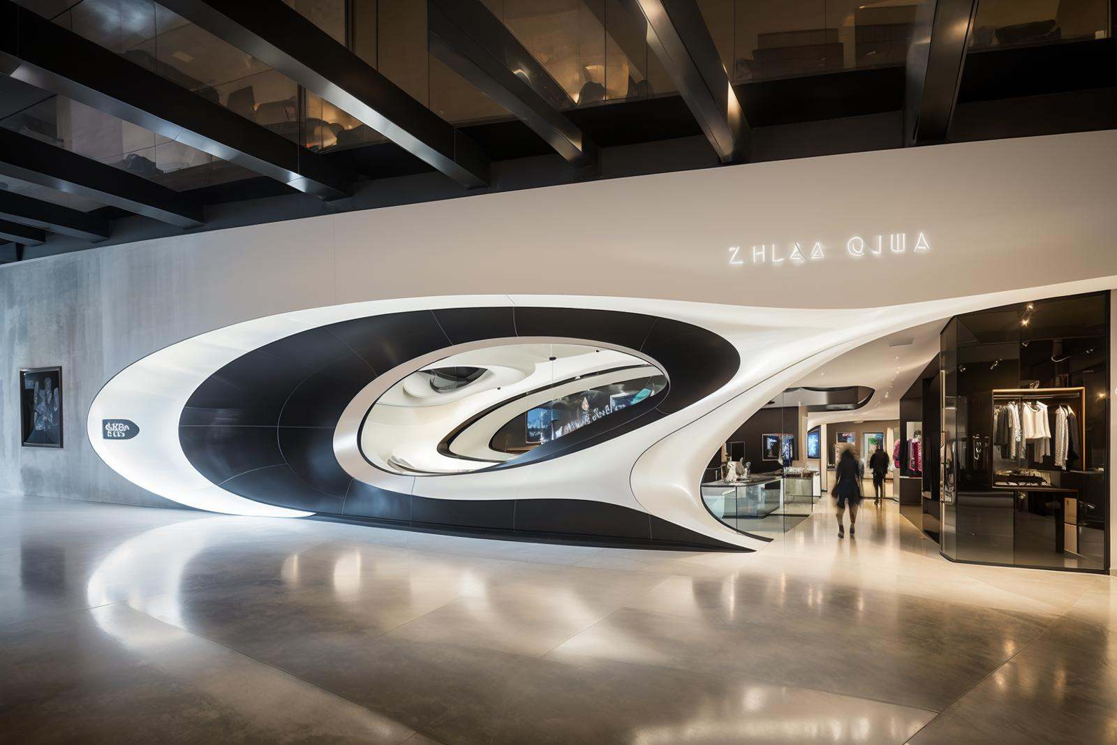 storefront,<lora:20240314-1710430939274-0006:0.8>,best qualtiy,masterpiece,zaha style,<lora:UIA建筑lora_扎哈曲线风格_10__v1.0:0.4>,UIAQX,art gallery,surrounding stores,