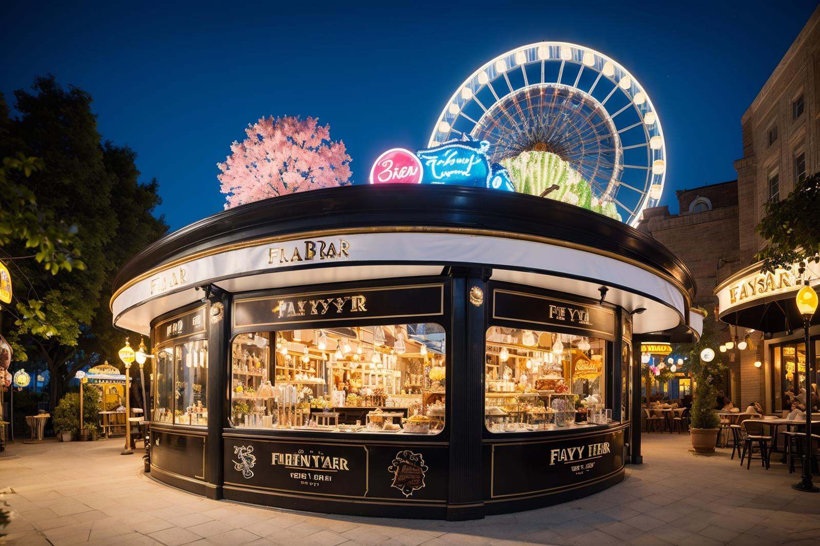 storefront,<lora:20240314-1710430939274-0006:0.6>,best qualtiy,masterpiece,fairy tale style,playground,amusement park dessert shop,(large ferris wheel:1.2),