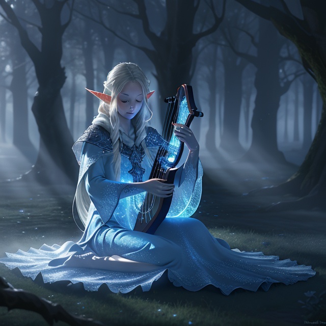 A mystical elf,  ethereal and graceful,  sits in a moonlit forest on Tensor.Art