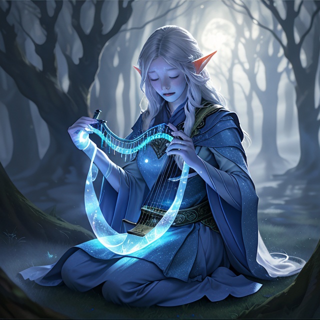 A mystical elf,  ethereal and graceful,  sits in a moonlit forest on Tensor.Art