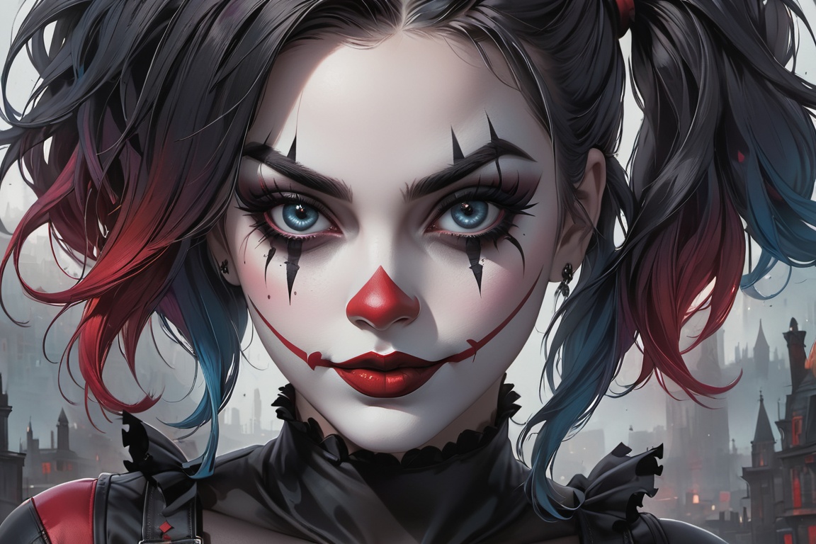 a close up of a woman with a clown makeup and a (((black and white))((monochromatic))) photo,  goth clown girl,  cute face...