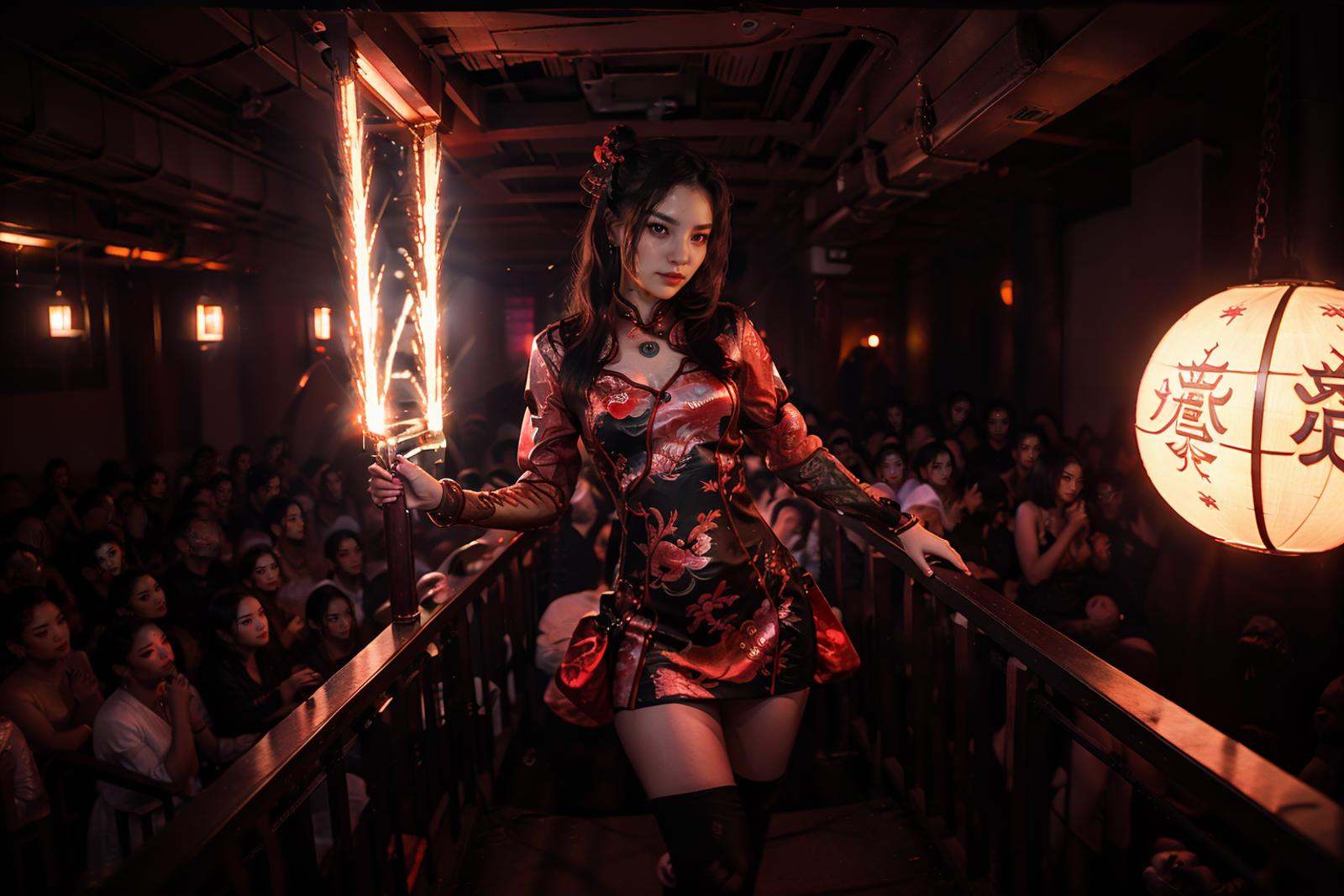 underground club,1girl,handrail,necklace,long hair,jewelry,wristband,ruins,light and shade contrast,Dark light,Beam light,laser light,<lora:20240219-1708348660407-0006:0.5>,best qualtiy,masterpiece,movie-level quality,night club,motion blur,soft lighting,original photo,film photography,character focus,<lora:cyberhanfu_20230617014620:0.5>,cyberhanfu,cyberpunk,chinese_clothes,cheongsam,