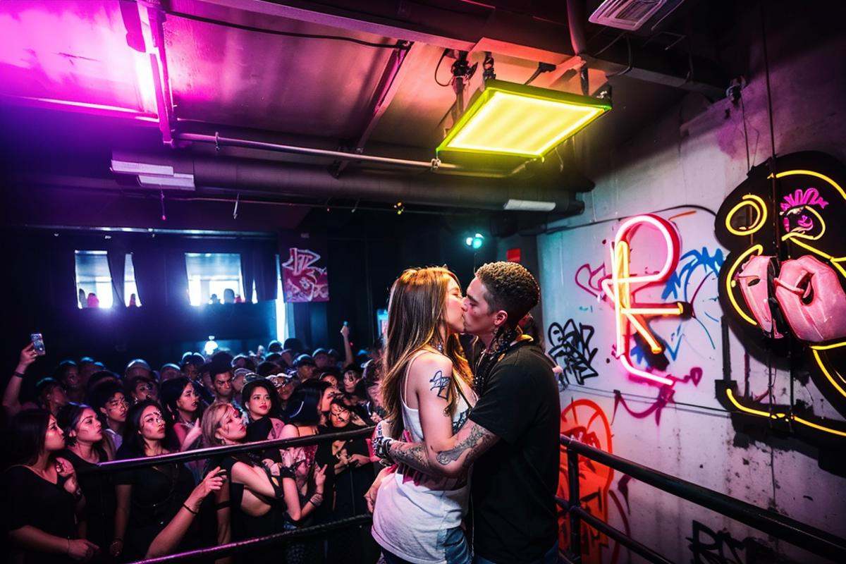 underground club,a lot of boys,a lot of girls,handrail,necklace,long hair,jewelry,wristband,ruins,light and shade contrast,Dark light,Beam light,laser light,depth of field,graffiti,scenery,neon lights,reflection,tattoo,Kissing lovers,<lora:20240219-1708348660407-0006:0.7>,best qualtiy,masterpiece,movie-level quality,