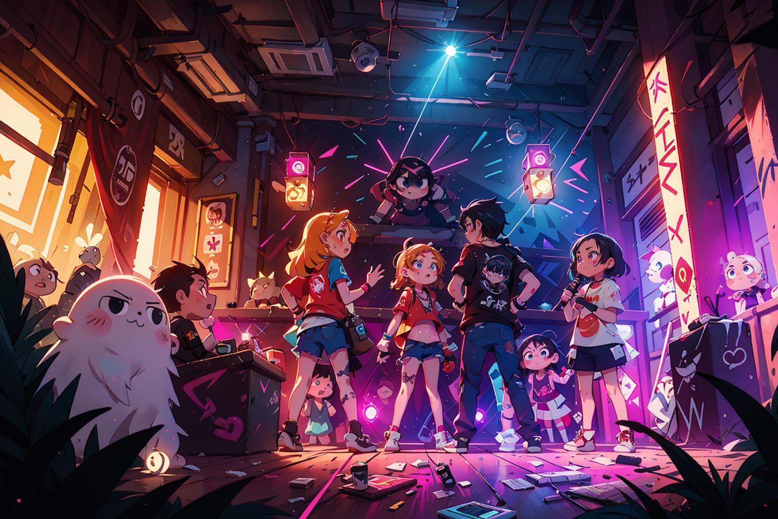 underground club,multiple boys,multiple girls,handrail,necklace,long hair,jewelry,wristband,ruins,light and shade contrast,Dark light,Beam light,laser light,depth of field,graffiti,scenery,neon lights,reflection,tattoo,<lora:20240219-1708348660407-0006:0.6>,best qualtiy,masterpiece,movie-level quality,colorful,<lora:Lilliput_V1.0:0.3>,