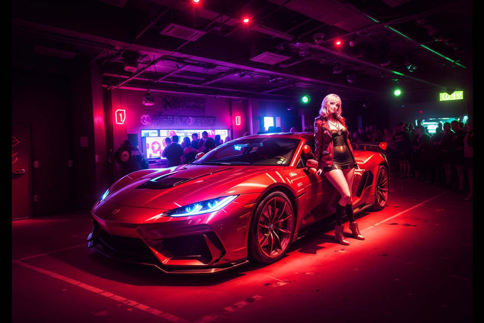underground club,(1girl:1.2),(auto show girl:1.2),handrail,necklace,red coat,white short skirt,long hair,jewelry,wristband,light and shade contrast,<lora:20240219-1708348660407-0006:0.7>,best qualtiy,masterpiece,movie-level quality,night club,<lora:兰博基尼_v1.0:0.3>,red sports car,magazine photos,DSLR,brilliant lighting,impactful picture,exquisite details,frontal view,show girl focus,neon lights,smile,