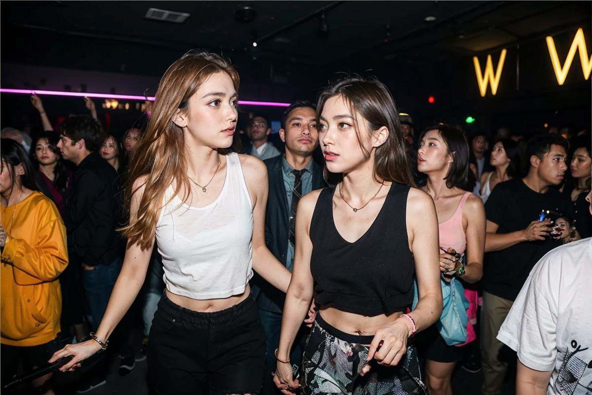 underground club,1girl,handrail,white top,black skirt,necklace,long hair,jewelry,wristband,ruins,light and shade contrast,Dark light,Beam light,laser light,<lora:20240219-1708348660407-0006:0.7>,best qualtiy,masterpiece,movie-level quality,night club,motion blur,soft lighting,original photo,film photography,character focus,multiple boys,multiple girls,