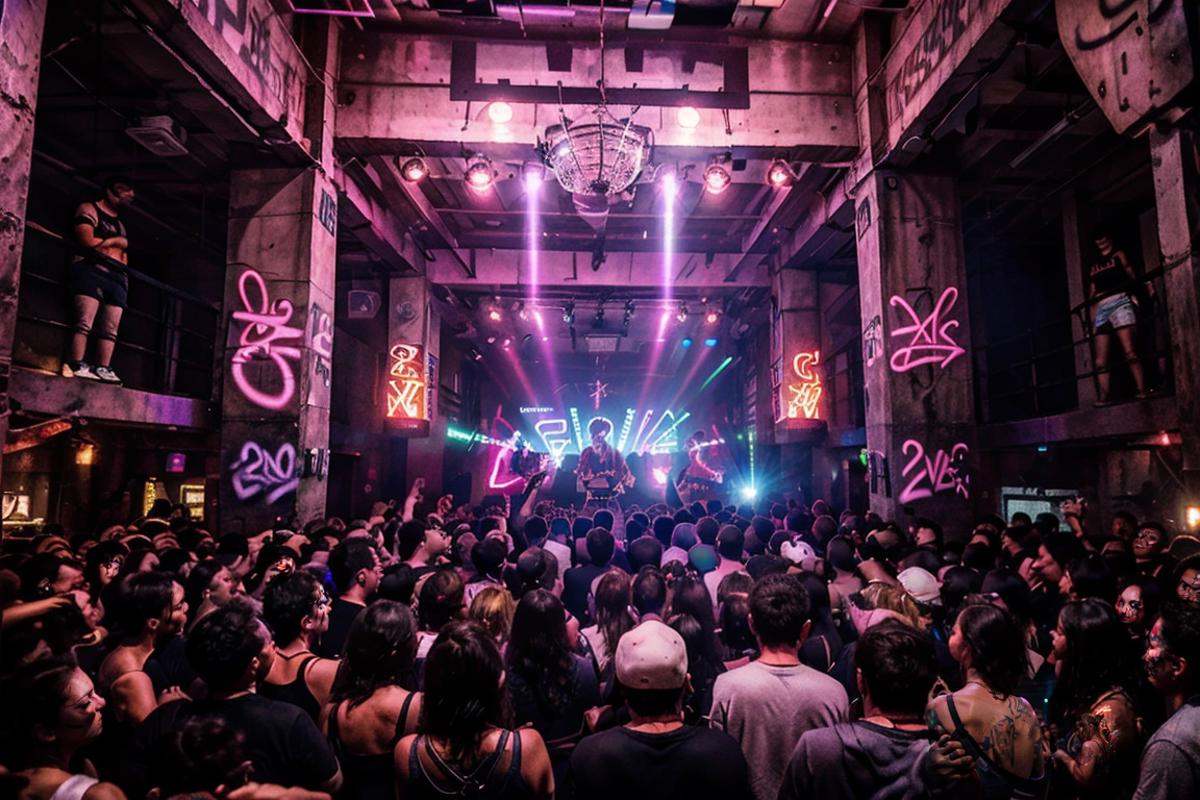 underground club,a lot of boys,a lot of girls,handrail,necklace,long hair,jewelry,wristband,ruins,light and shade contrast,Dark light,Beam light,laser light,depth of field,graffiti,scenery,neon lights,reflection,tattoo,<lora:20240219-1708348660407-0006:0.7>,best qualtiy,masterpiece,movie-level quality,