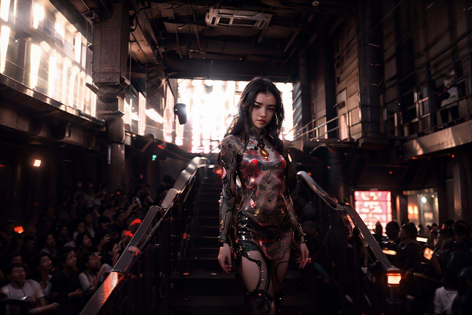 underground club,1girl,handrail,necklace,long hair,jewelry,wristband,ruins,light and shade contrast,Dark light,Beam light,laser light,<lora:20240219-1708348660407-0006:0.6>,best qualtiy,masterpiece,movie-level quality,night club,motion blur,soft lighting,original photo,film photography,character focus,<lora:cyberhanfu_20230617014620:0.5>,cyberhanfu,cyberpunk,chinese_clothes,cheongsam,<lora:nijiMecha:0.5>,mecha,mechanical_arms,