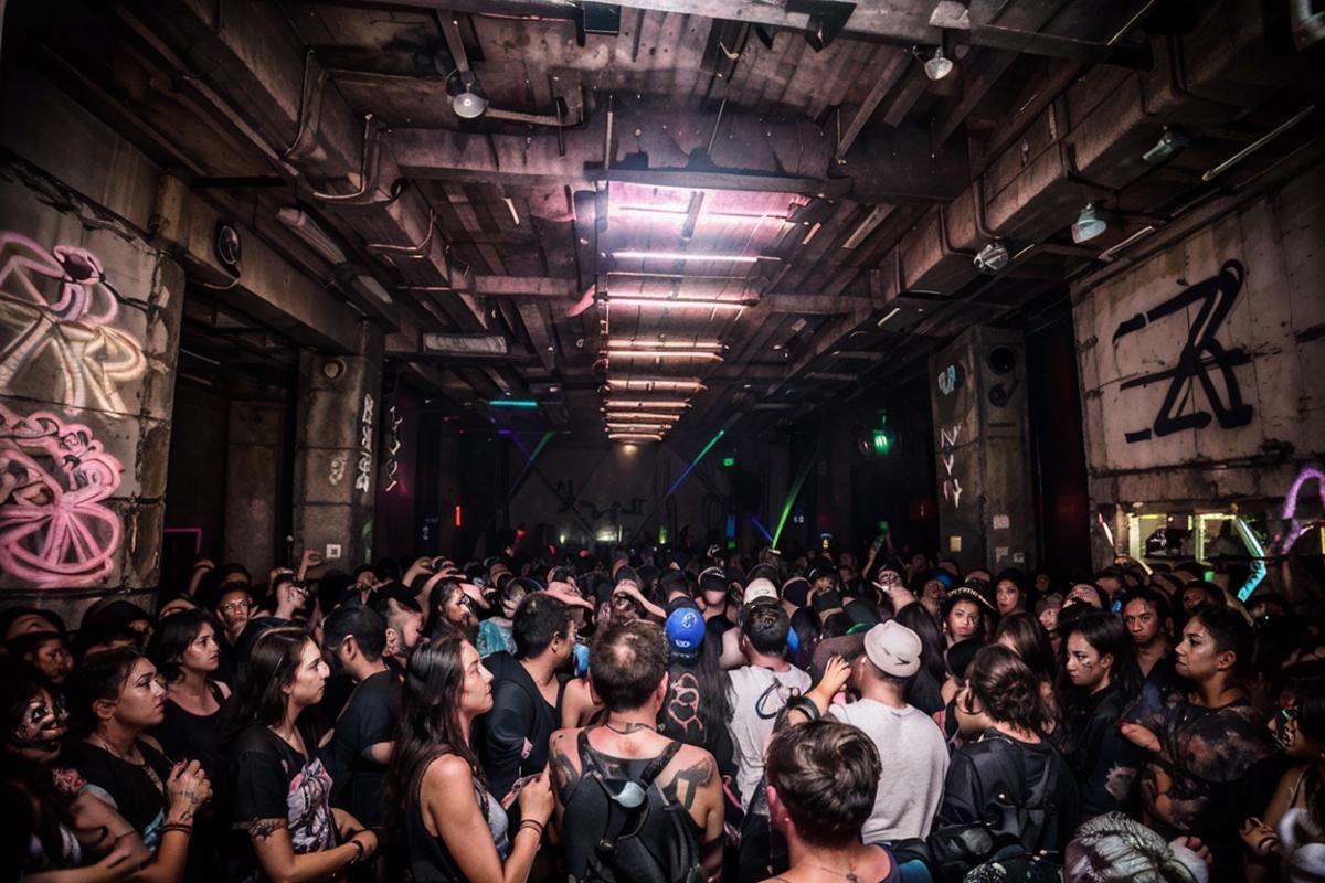 underground club,a lot of boys,a lot of girls,handrail,necklace,long hair,jewelry,wristband,ruins,light and shade contrast,Dark light,Beam light,laser light,depth of field,graffiti,scenery,neon lights,reflection,tattoo,<lora:20240219-1708348660407-0006:0.7>,best qualtiy,masterpiece,movie-level quality,air-raid shelter,