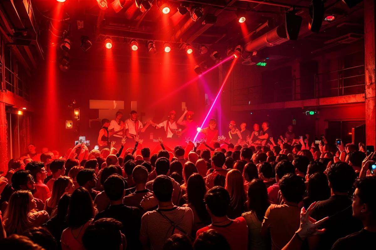 underground club,multiple boys,multiple girls,handrail,necklace,long hair,jewelry,wristband,ruins,light and shade contrast,Dark light,Beam light,laser light,depth of field,scenery,neon lights,<lora:20240219-1708348660407-0006:0.7>,best qualtiy,masterpiece,movie-level quality,nightclub,industrial,brick wall,tattoo,architecture,fire,red sky,evening,explosion,red theme,