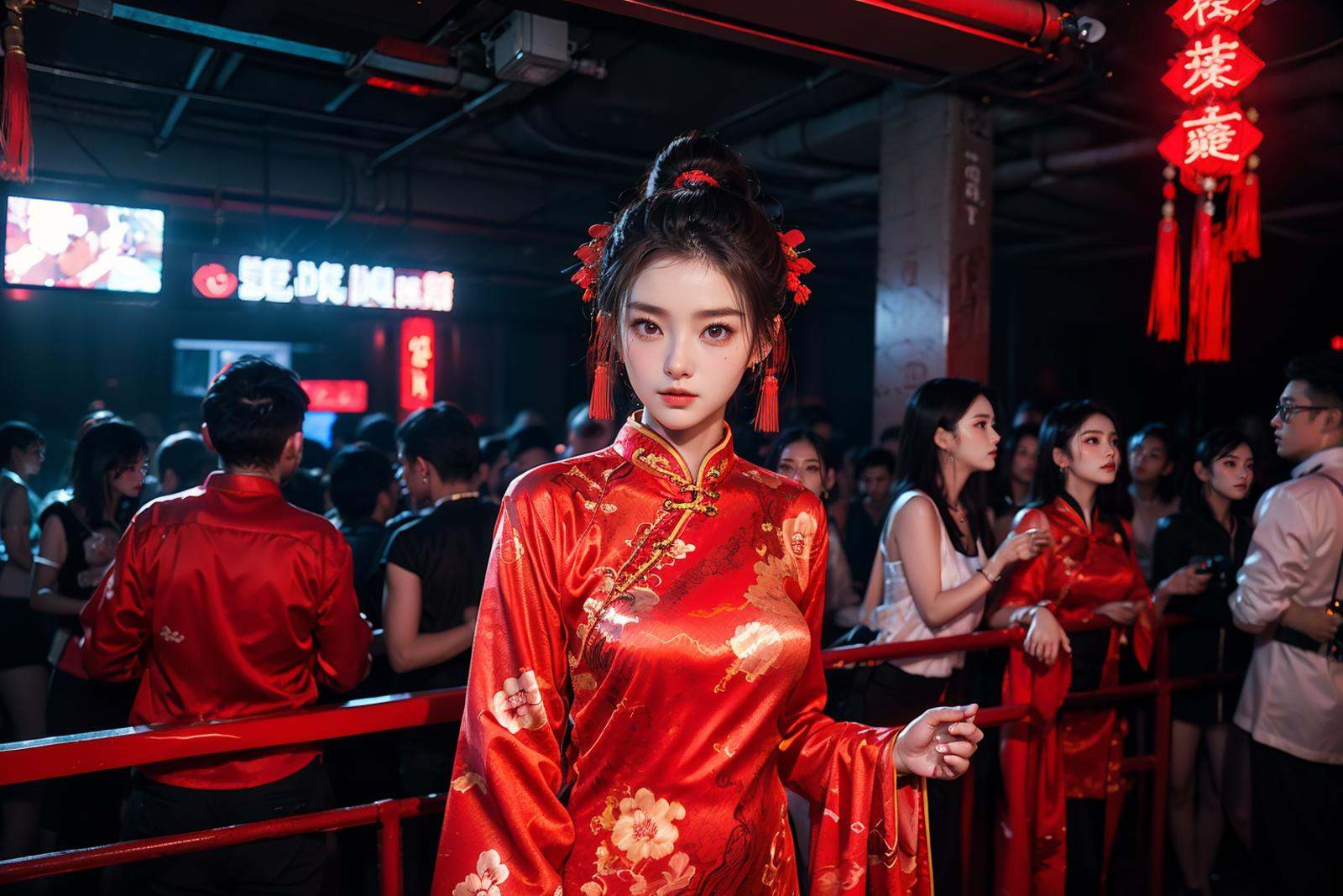 underground club,1girl,handrail,necklace,long hair,jewelry,wristband,ruins,light and shade contrast,Dark light,Beam light,laser light,<lora:20240219-1708348660407-0006:0.5>,best qualtiy,masterpiece,movie-level quality,night club,motion blur,soft lighting,original photo,film photography,character focus,<lora:cyberhanfu_20230617014620:0.5>,cyberhanfu,cyberpunk,chinese_clothes,cheongsam,