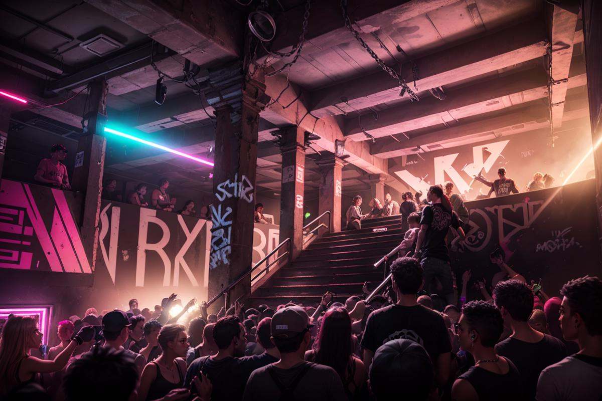 underground club,a lot of boys,a lot of girls,handrail,necklace,long hair,jewelry,wristband,ruins,light and shade contrast,Dark light,Beam light,laser light,depth of field,graffiti,scenery,neon lights reflection,<lora:20240219-1708348660407-0006:0.5>,