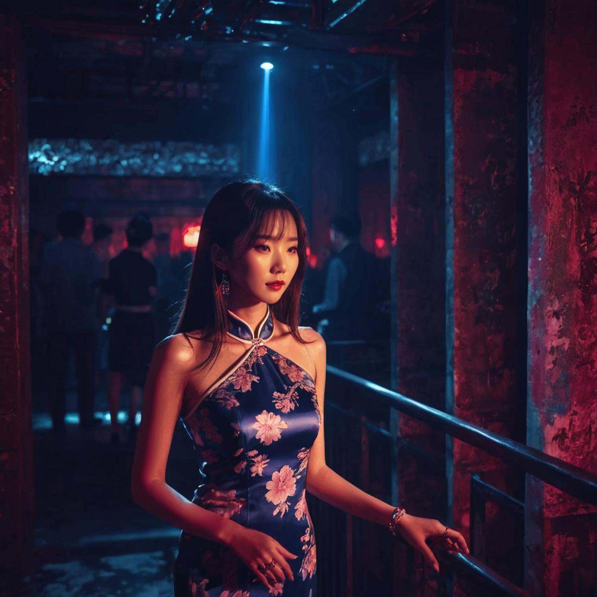 <lora:20240704-1720095833344:0.5>,underground club,underground club,1girl,cheongsam,handrail,necklace,long hair,jewelry,wristband,ruins,light and shade contrast,Dark light,Beam light,laser light,best qualtiy,masterpiece,movie-level quality,night club,motion blur,soft lighting,original photo,film photography,character focus,chinese_clothes,