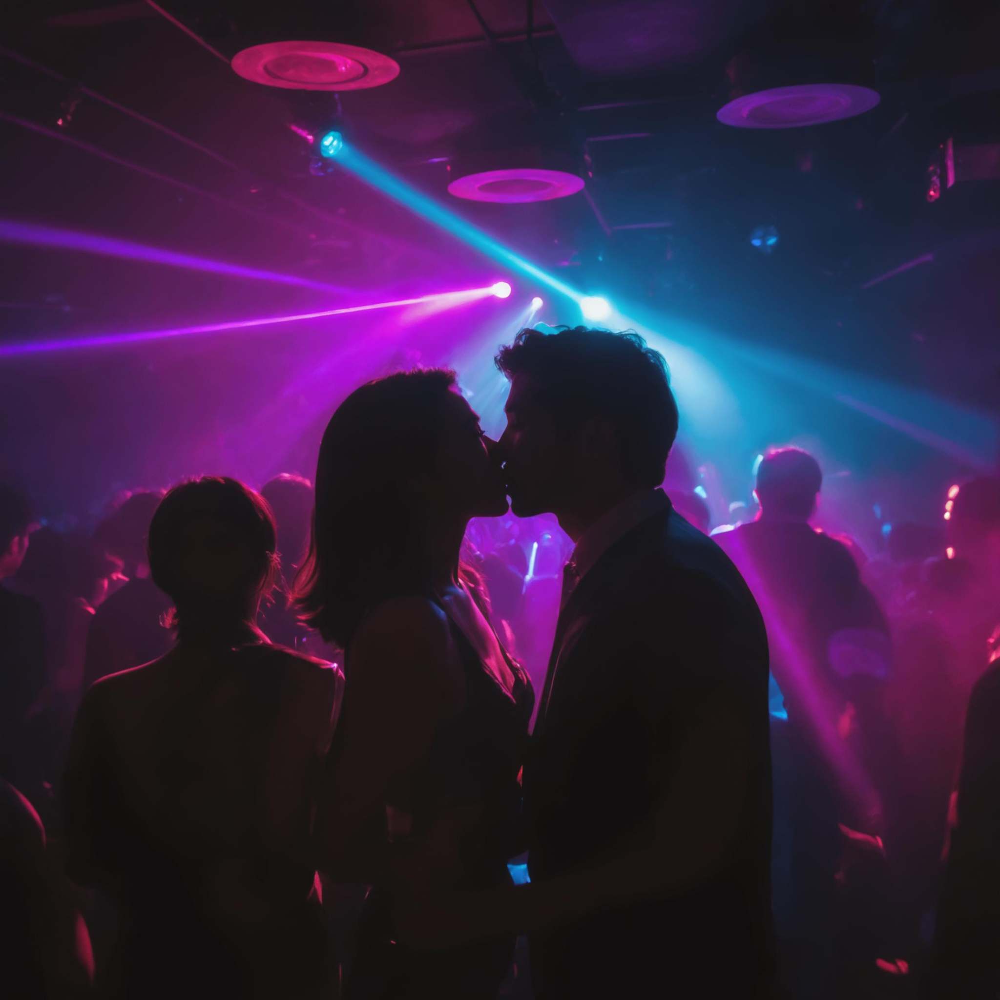 underground club,(kissing close-up in club:1.2),(Kissing lovers:1.5),light and shade contrast,Beam light,laser light,reflection,best qualtiy,movie-level quality,<lora:20240704-1720095833344:0.6>,masterpiece,