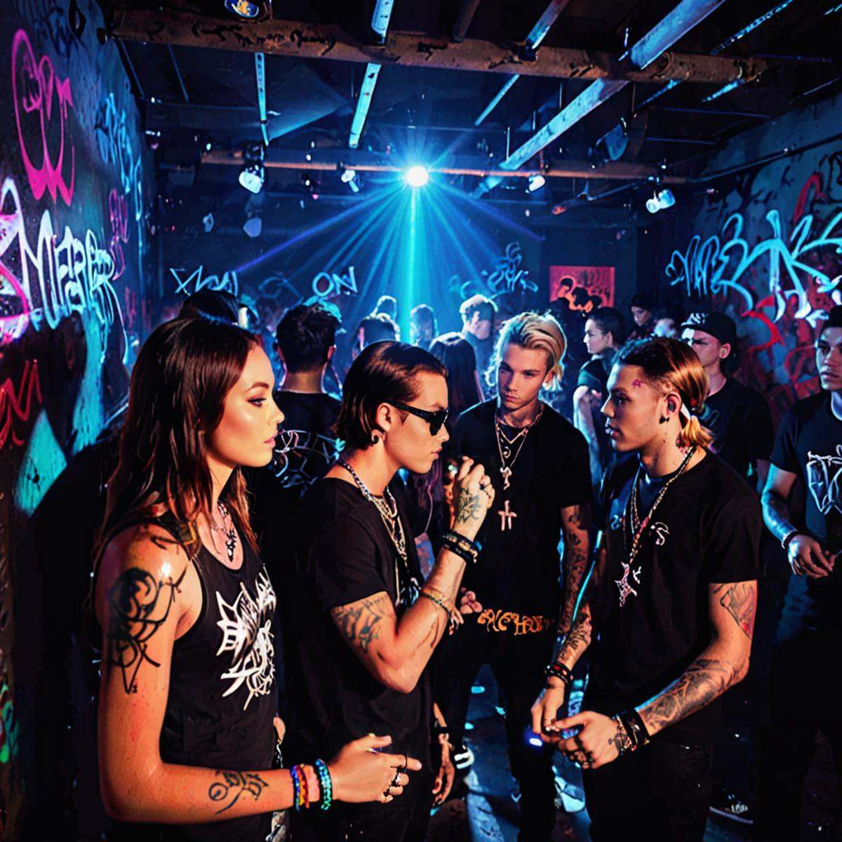 underground club,a lot of boys,a lot of girls,handrail,necklace,long hair,jewelry,wristband,ruins,light and shade contrast,Dark light,Beam light,laser light,depth of field,graffiti,scenery,neon lights,reflection,tattoo,best qualtiy,masterpiece,movie-level quality,<lora:20240704-1720095833344:0.7>,