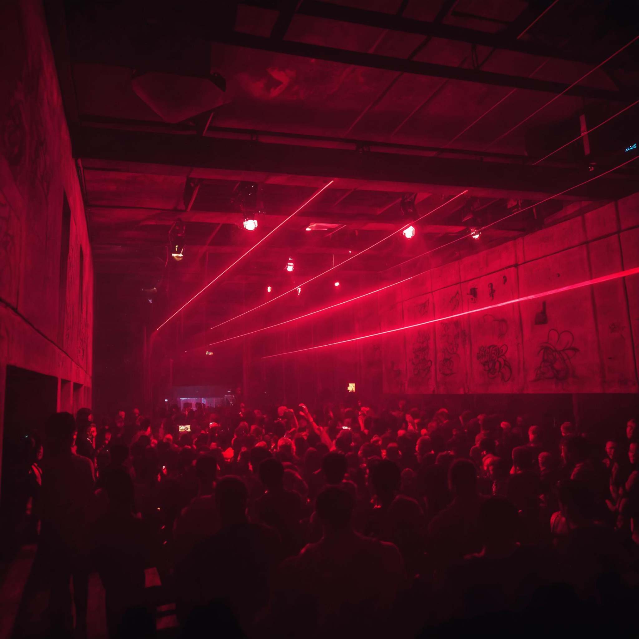 underground club,a lot of boys,a lot of girls,handrail,ruins,light and shade contrast,Dark light,Beam light,laser light,depth of field,graffiti,neon lights,reflection,tattoo,movie-level quality,air-raid shelter,<lora:20240704-1720095833344:0.7>,long strip of extended space,masterpiece,best qualtiy,red light,(raise your hand to cheer the crowd:1.2),industrial wind,cement wall,