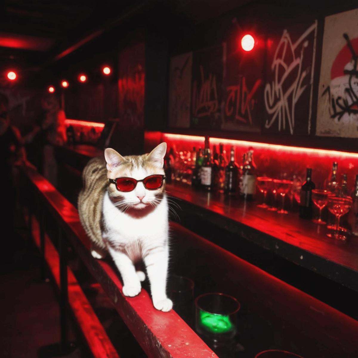 <lora:20240704-1720095833344:0.5>,underground club,(cat:1.2),1 cat with sunglasses,(close-up of the 1 cat:1.5),handrail,light and shade contrast,Dark light,best qualtiy,motion blur,soft lighting,original photo,masterpiece,graffiti,red light,a lot of people,cat on the bar,