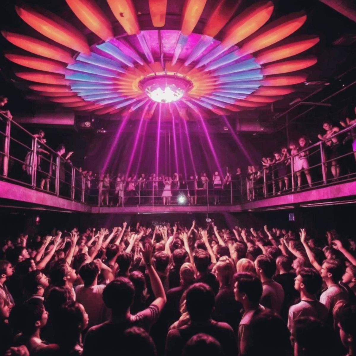 <lora:20240704-1720095833344:0.6>,underground club,psychedelic lights,a lot of boys,a lot of girls,railing,contrast,hands up cheering crowd,huge flower shaped ceiling lamp,