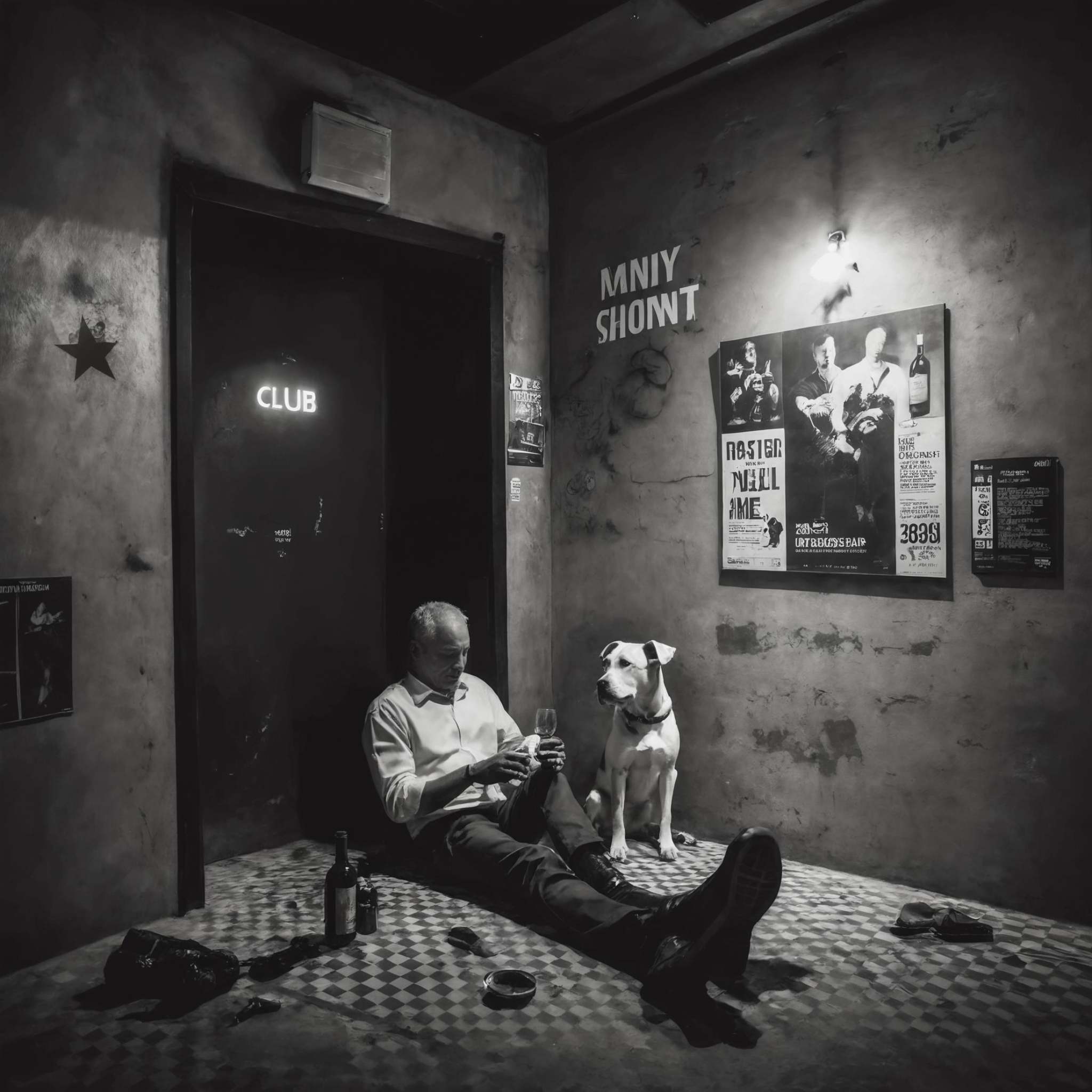 <lora:20240704-1720095833344:0.7>,underground club,( a dog beside the man:1.5),a man sitting in the corner drinking,some broken wine bottles on the ground beside the man,black and white contrast light,immersive atmosphere,star posters on the wall,at the door of the club,