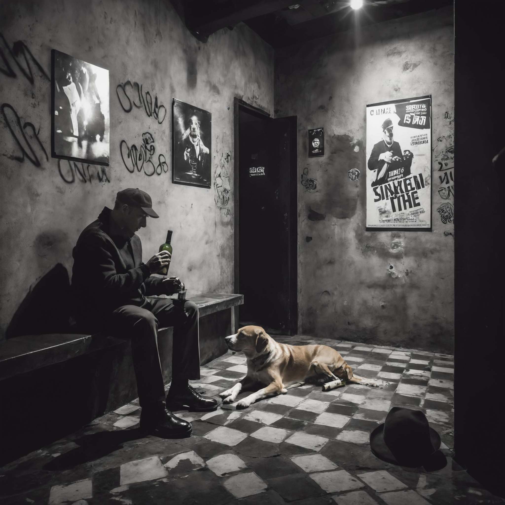<lora:20240704-1720095833344:0.7>,underground club,( a dog beside the man:1.5),a man sitting in the corner drinking,some broken wine bottles on the ground beside the man,black and white contrast light,immersive atmosphere,star posters on the wall,at the door of the club,