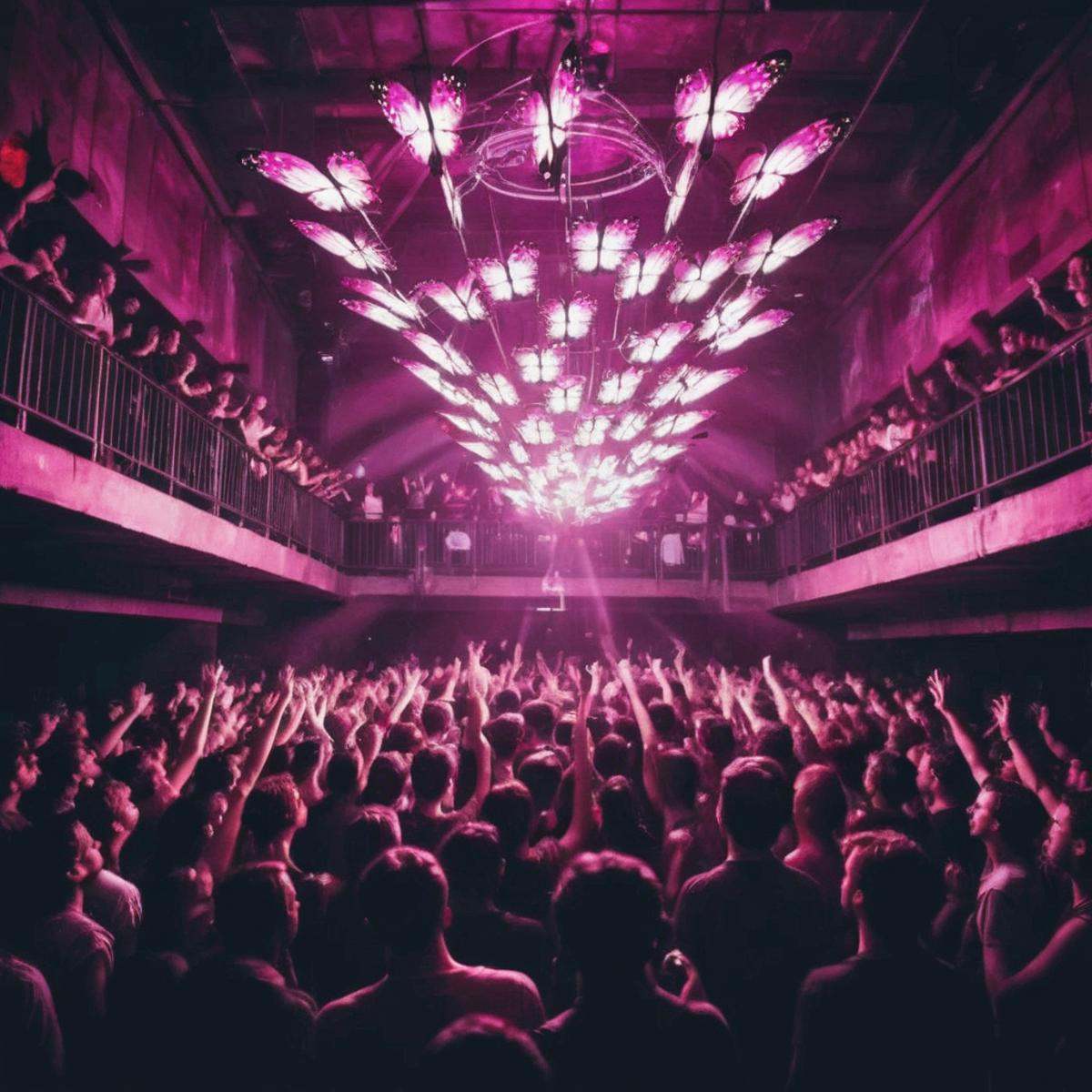 <lora:20240704-1720095833344:0.6>,underground club,psychedelic lights,a lot of boys,a lot of girls,railing,contrast,hands up cheering crowd,huge butterfly shaped chandelier,