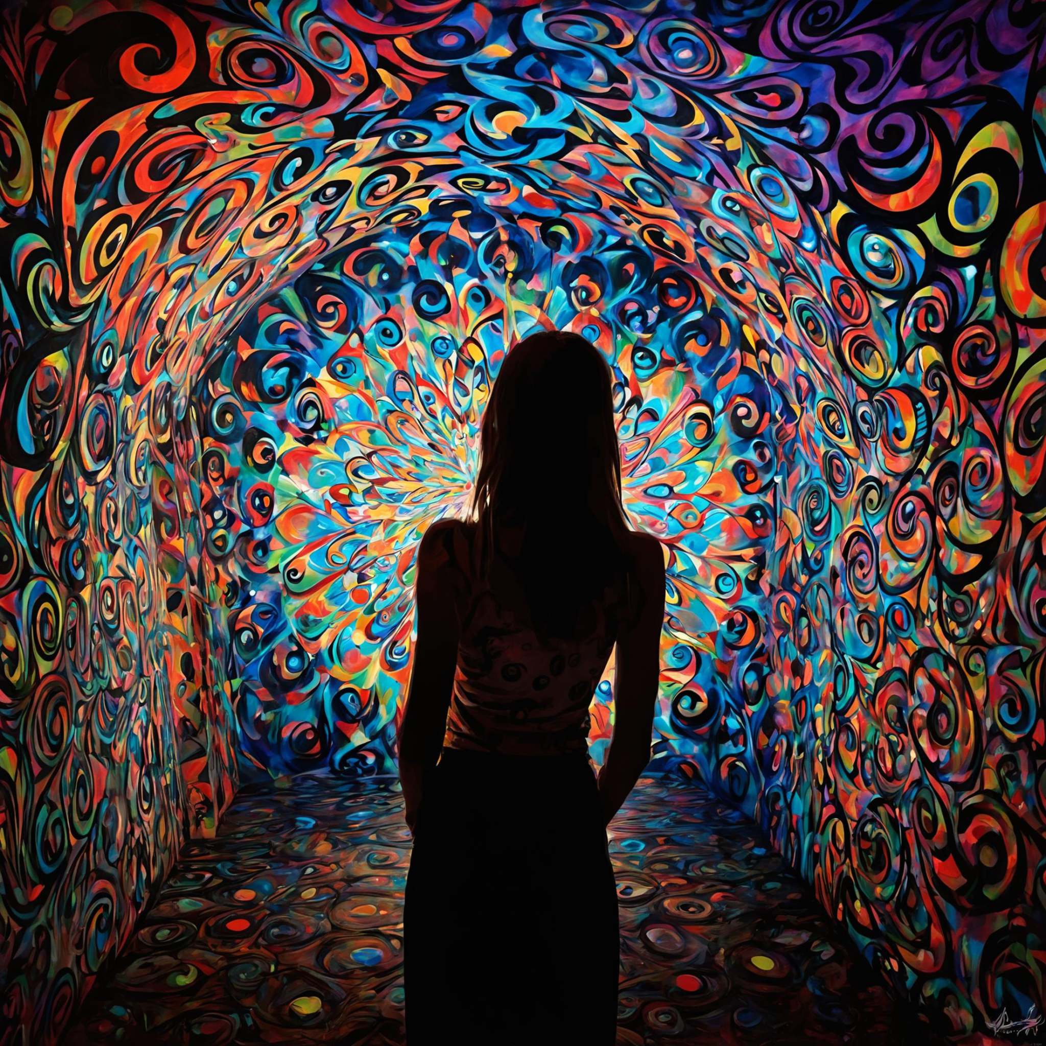 underground club,<lora:20240704-1720095833344:0.5>,stream of consciousness,dream,psychedelic,masterpiece,((abstract art)),the back of a girl,soul withdrawal,