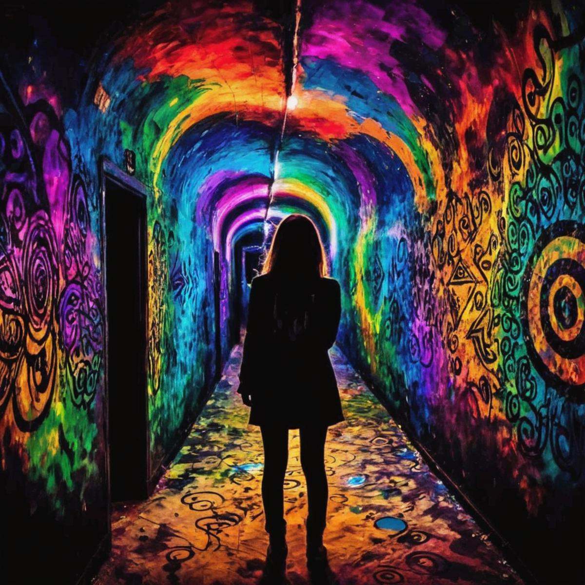 underground club,<lora:20240704-1720095833344:0.5>,stream of consciousness,dream,psychedelic,masterpiece,((abstract art)),the back of a girl,soul withdrawal,
