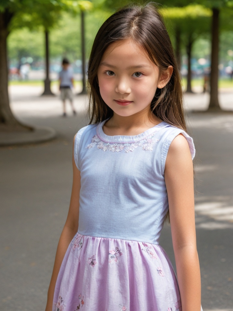 A ten-year-old little girl,  upper body,  wearing a beautiful floral dress is playing in the park on Tensor.Art