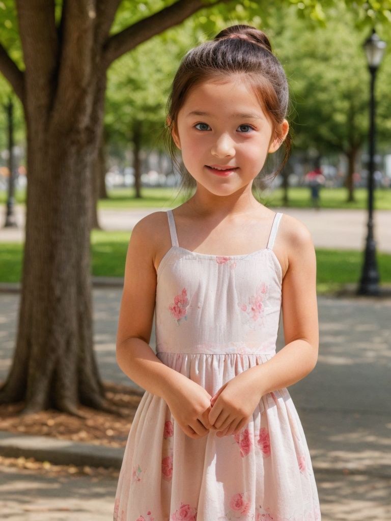 A ten-year-old little girl,  upper body,  wearing a beautiful floral dress is playing in the park on Tensor.Art