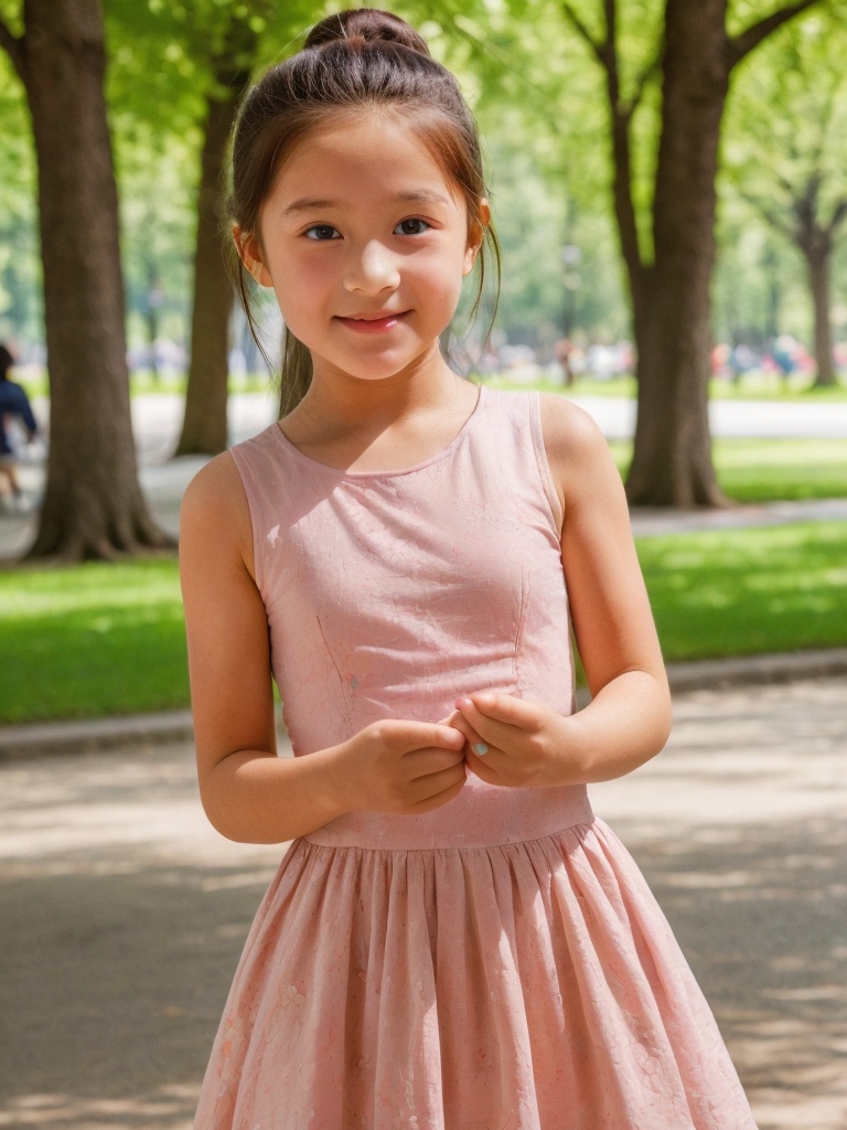 A ten-year-old little girl,  upper body,  wearing a beautiful floral dress is playing in the park on Tensor.Art