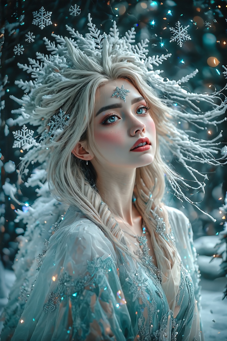 A majestic Ice Goddess stands amidst a winter wonderland, her radiant eyes shining like stars against the snowy backdrop. Messy hair blows softly as she gazes upward, surrounded by iridescent snowflakes and crystal beads. Her realistic face, adorned with intricate metallic details and glowing LED lights, is bathed in a mesmerizing glow. The 8K cinematic environment showcases her hyper-realistic form, with photorealistic textures and minimal wear. The vibrant multicolor palette, reminiscent of Niji's expressive style, brings to life her elegant and fascinated pose, as if frozen in time.