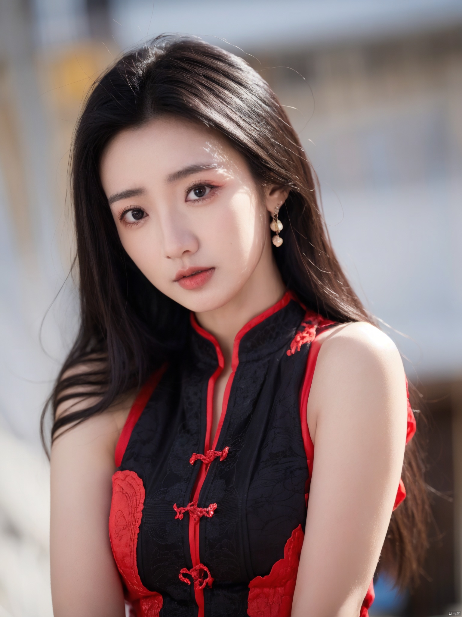 1girl, solo, long hair, looking at viewer, black hair, dress, jewelry, upper body, earrings, parted lips, sleeveless, black eyes, lips, chinese clothes, realistic