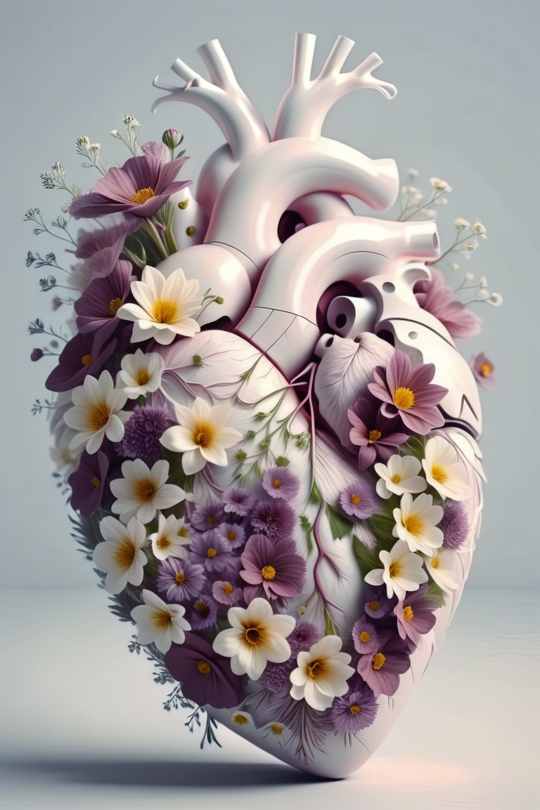 heart art ,  white human heart made of flowers,  cinematic lighting on Tensor.Art