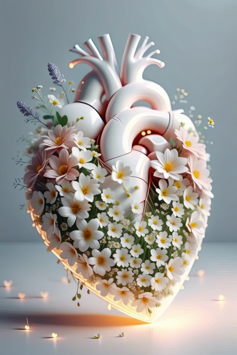 heart art ,  white heart made of flowers,  small cute flowers on Tensor.Art