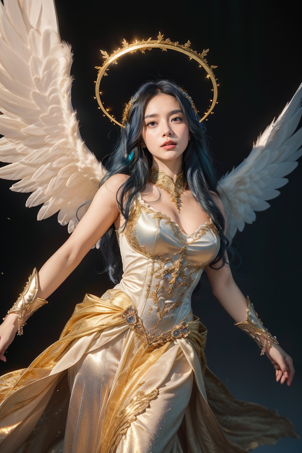 In a majestic scene,  a triumphant angel girl stands proud,  her Rococo-inspired iridescent wings glowing with an ethereal...