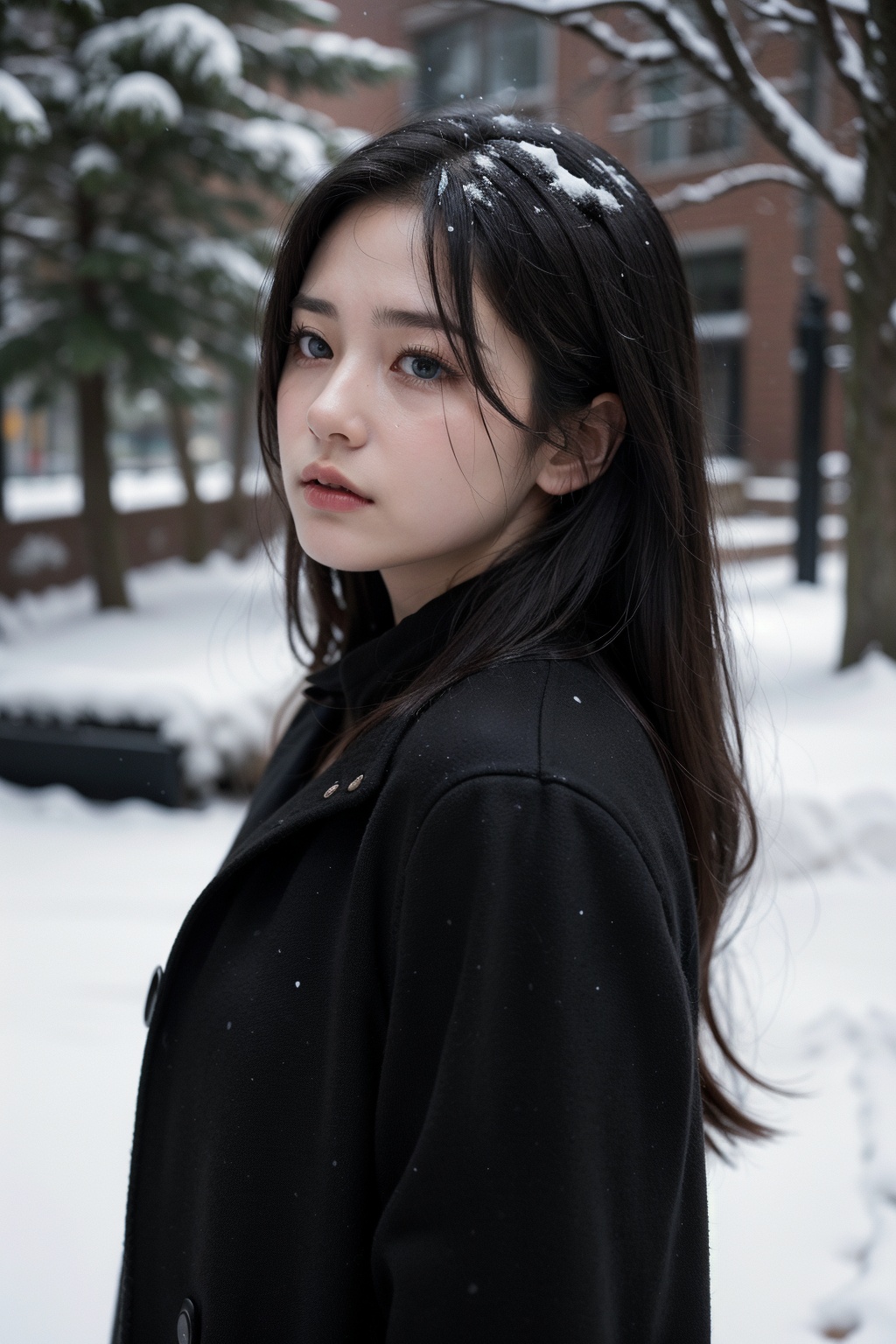 ultra-detailed,  portrait,  a girl with long hair in a black coat standing in heavy snow on Tensor.Art