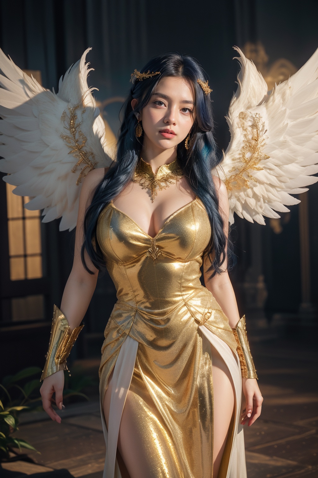 In a majestic scene,  a triumphant angel girl stands proud,  her Rococo-inspired iridescent wings glowing with an ethereal...