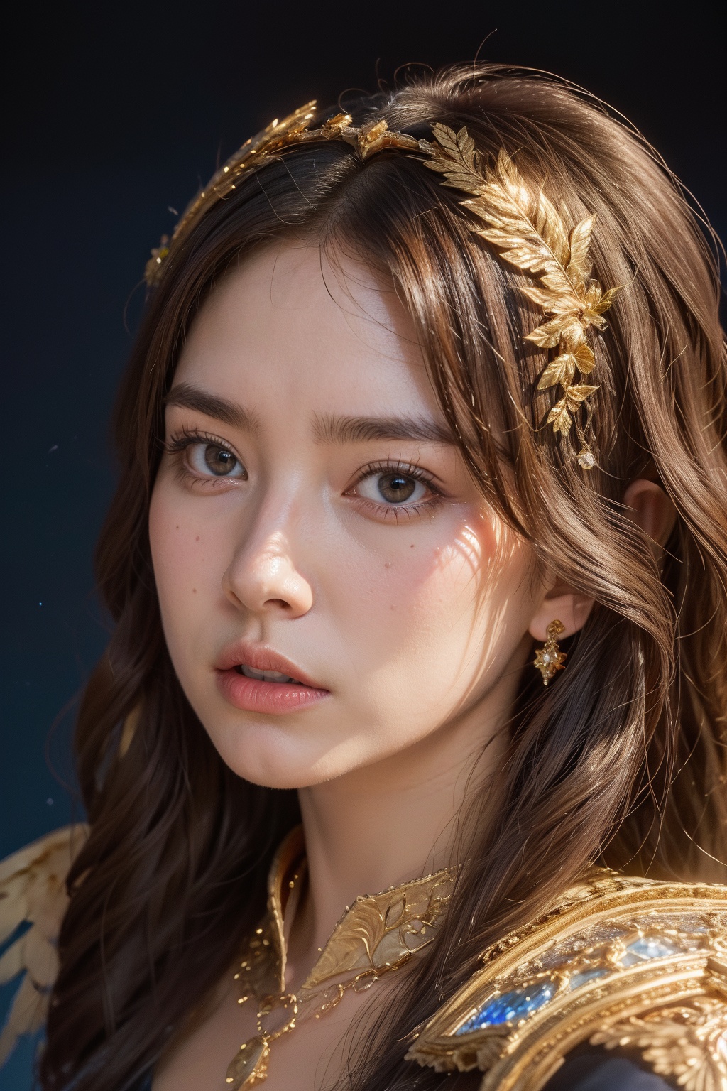 In a majestic scene,  a triumphant angel girl stands proud,  her Rococo-inspired iridescent wings glowing with an ethereal...