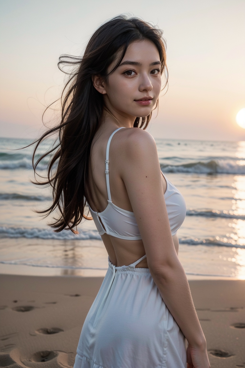 ultra-detailed,  portrait,  a serene and happy girl at the beach on Tensor.Art