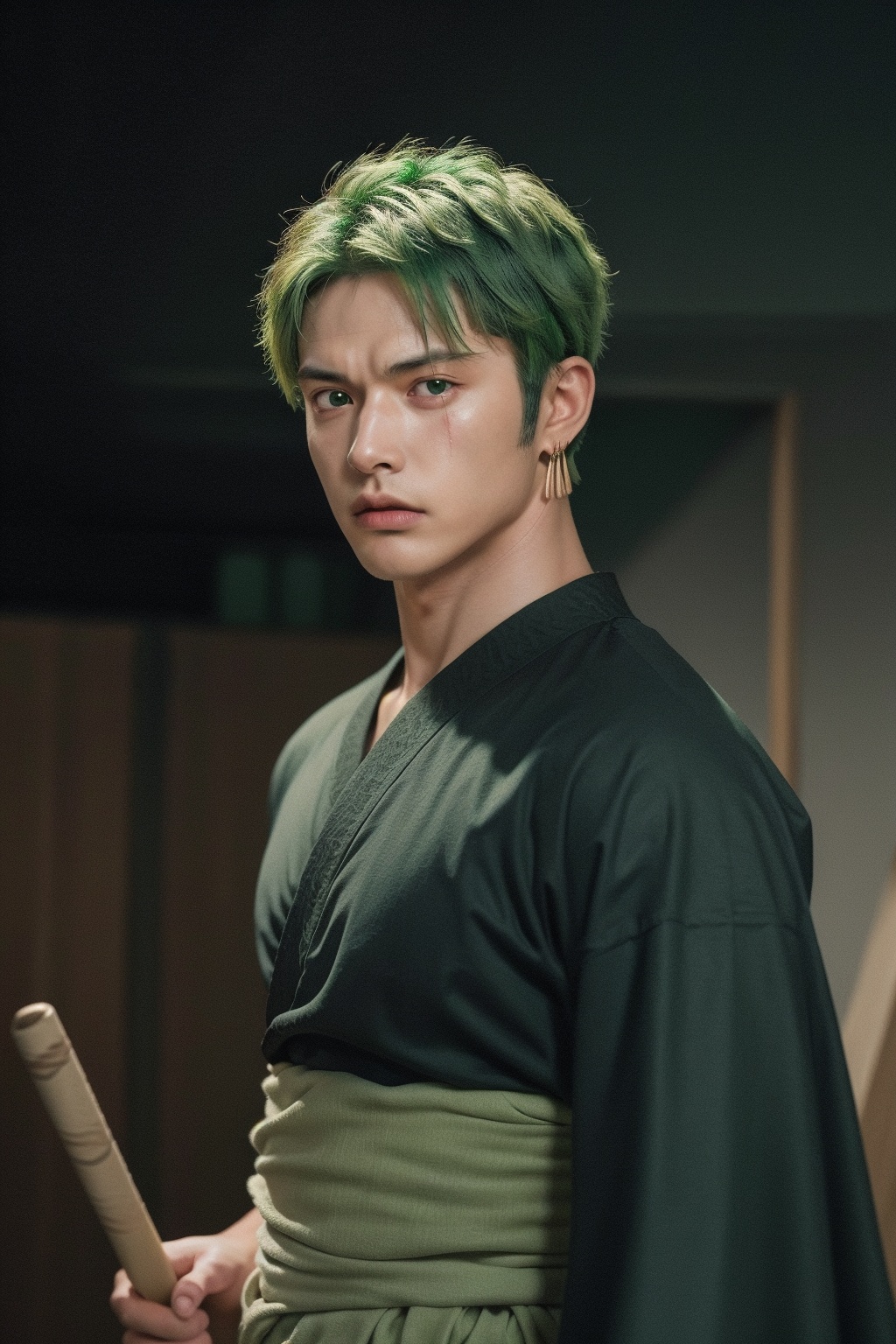 "Ultra-realistic,  highly detailed portrait of Zoro from One Piece with short ,  sharp green eyes on Tensor.Art
