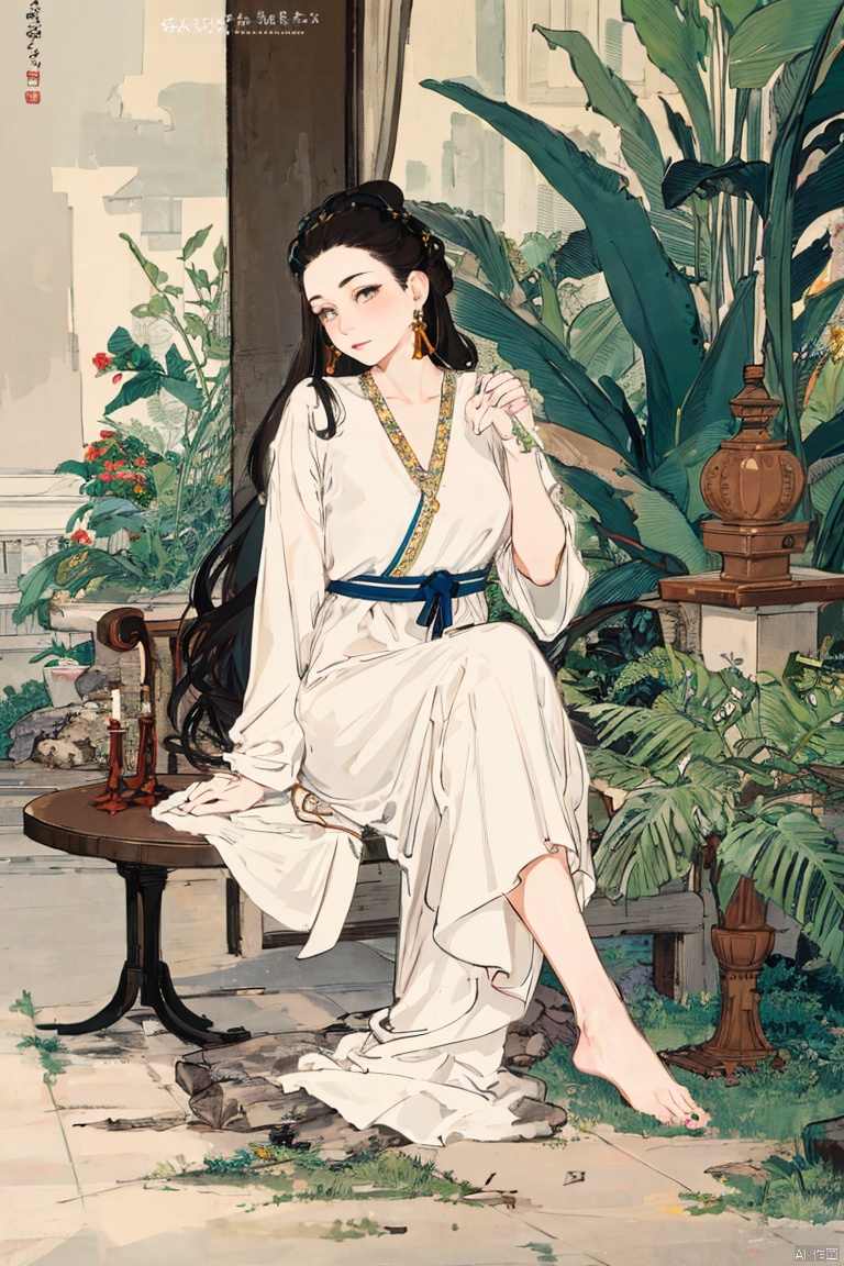 1girl, solo, long hair, looking at viewer, brown hair, dress, jewelry, sitting, full body, earrings, barefoot, white dress, feet, lips, realistic