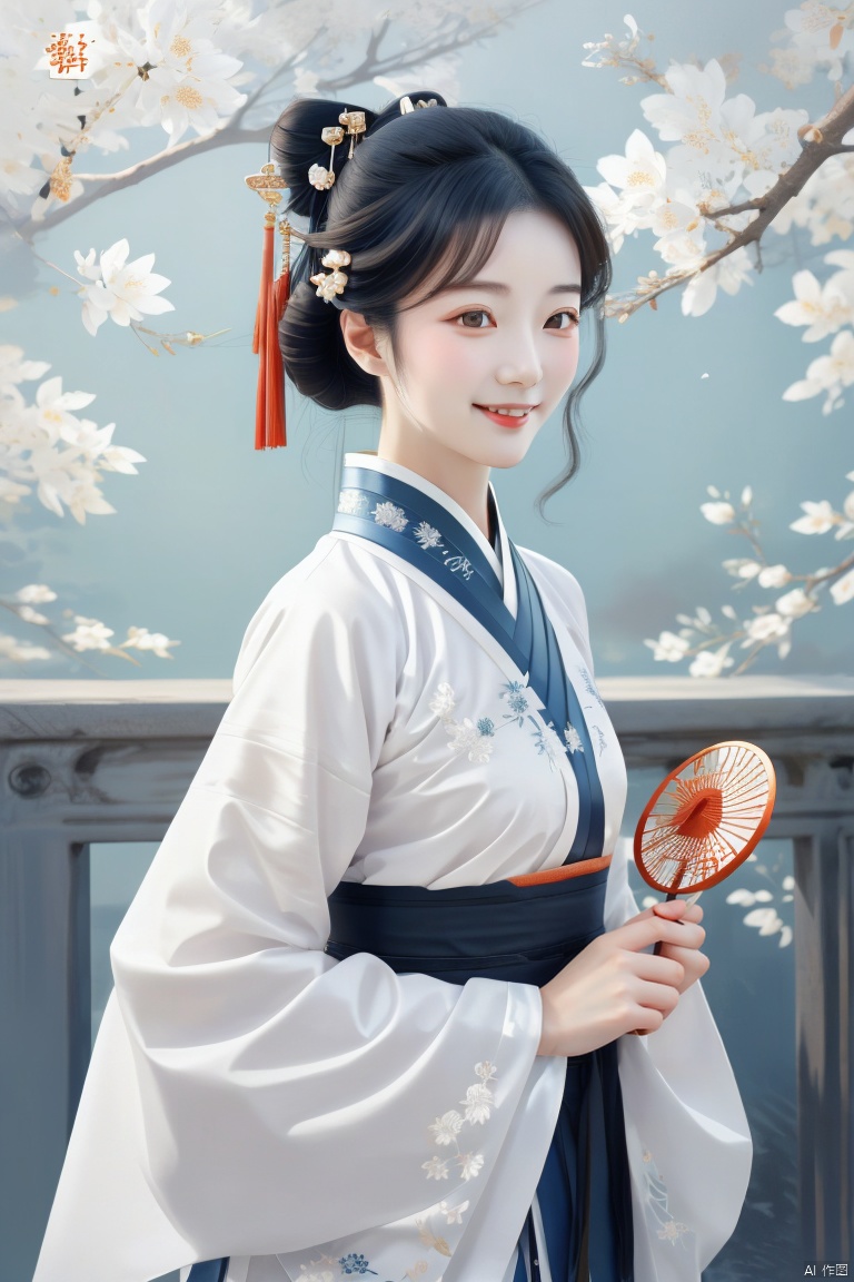 1girl,hanfu,chinese costume,smile,upper body,delicate facial features,right view,fan,(best quality),((masterpiece)),(an extremely delicate and beautiful),original,extremely detailed wallpaper,glasscandypaper
