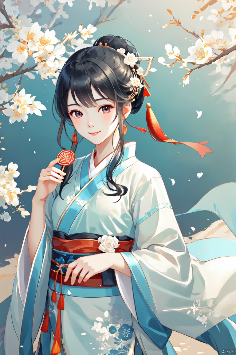 glasscandypaper,1girl,smile,hanfu,chinese costume,upper body,fan,(best quality),((masterpiece)),(an extremely delicate and beautiful),original,extremely detailed wallpaper