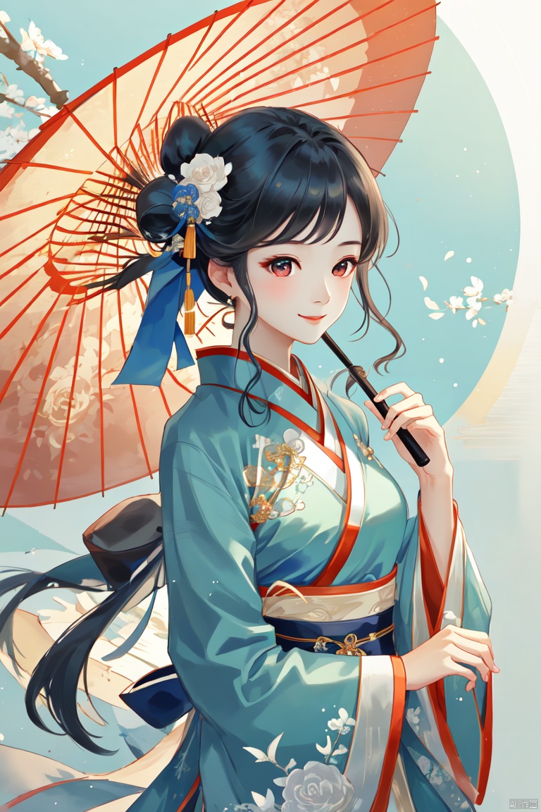 1girl,hanfu,chinese costume,smile,upper body,delicate facial features,right view,umbrella,(best quality),((masterpiece)),(an extremely delicate and beautiful),original,extremely detailed wallpaper,glasscandypaper