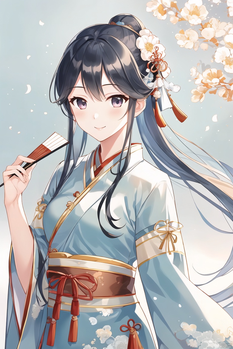1girl,hanfu,chinese costume,smile,upper body,delicate facial features,right view,fan,(best quality),((masterpiece)),(an extremely delicate and beautiful),original,extremely detailed wallpaper,glasscandypaper