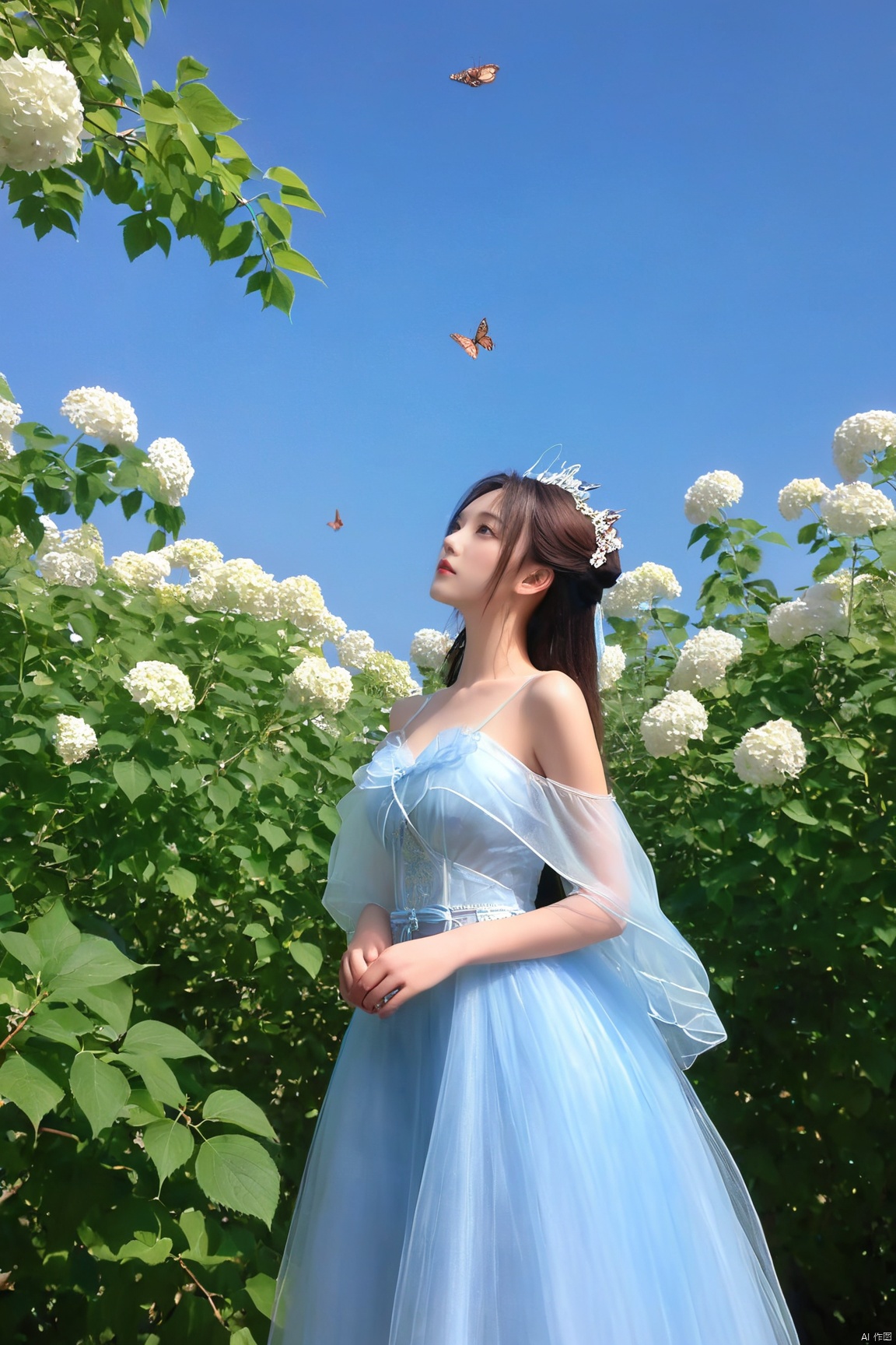  1 girl, dynamic angle, solo, looking at the audience, dress, sky, blue sky, insects, butterflies, branches,,Xningyudie, X-Hydrangea,Xtianqiong