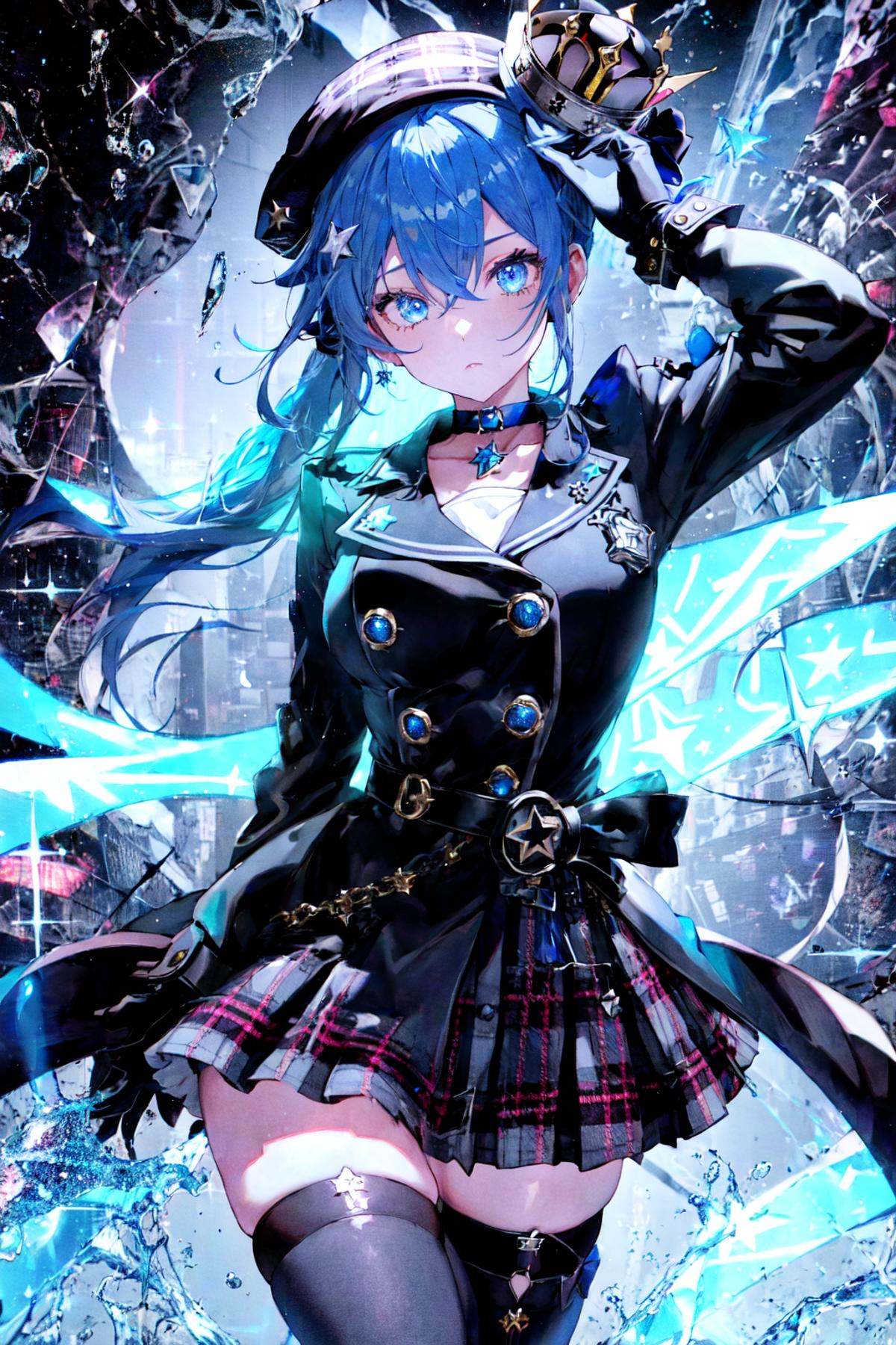 1girl,belt,beret,black_gloves,blue_eyes,blue_hair,buttons,choker,crown,double-breasted,dress,full_body,gloves,grey_headwear,hat,hoshimachi_suisei,jacket,jewelry,looking_at_viewer,medium_hair,microphone,mini_crown,plaid,plaid_headwear,side_ponytail,single_thighhigh,solo,star_(symbol),star_in_eye,symbol_in_eye,thigh_strap,thighhighs,virtual_youtuber